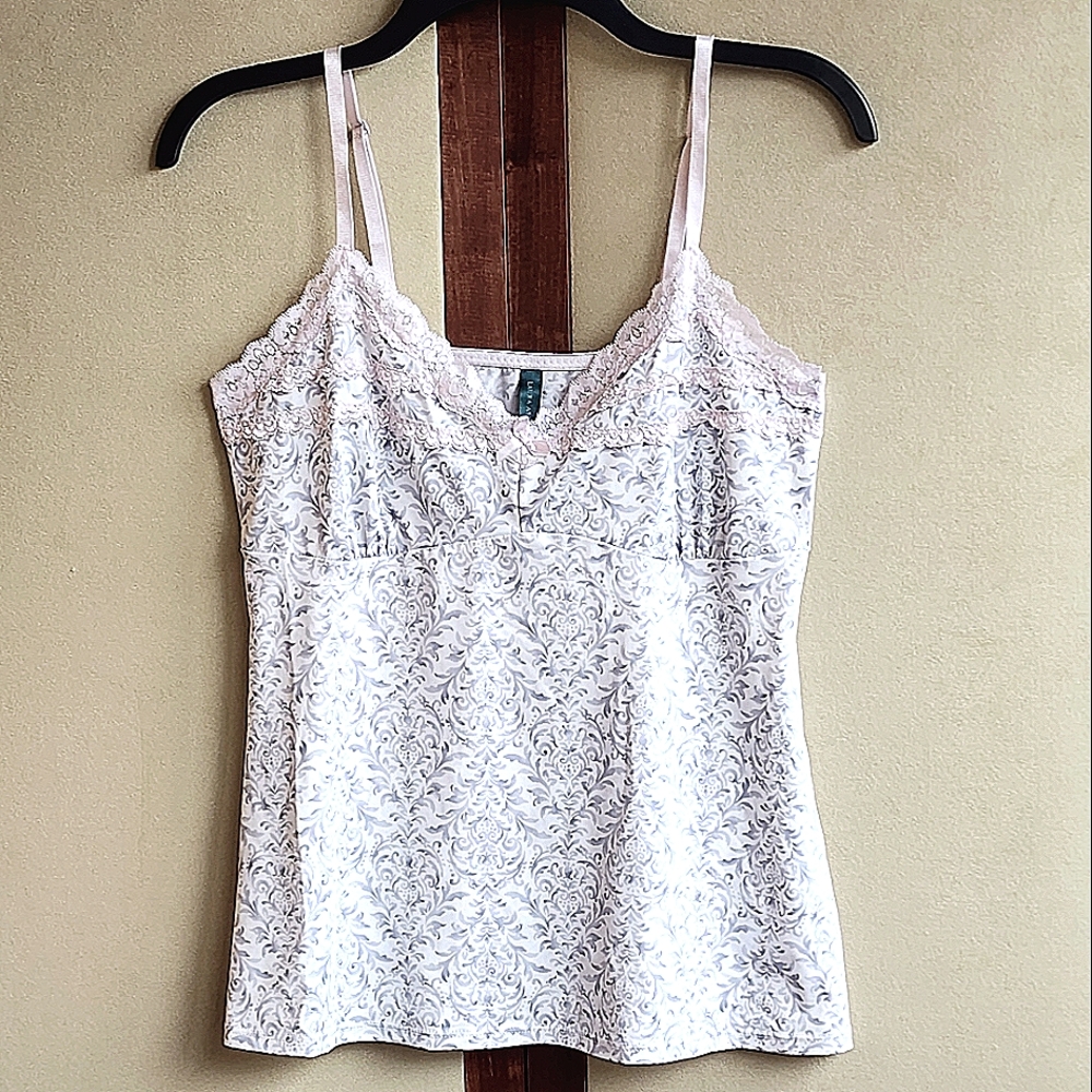 Laura Ashley White Gray Lace Detail Camisole L
